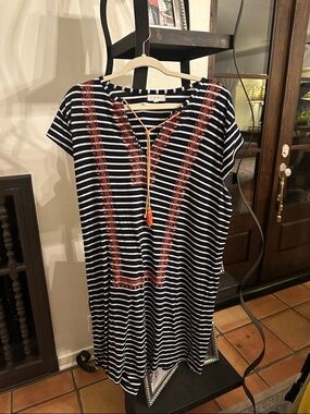 Striped Navy and White Embroidered Tunic Dress with Coral Accents